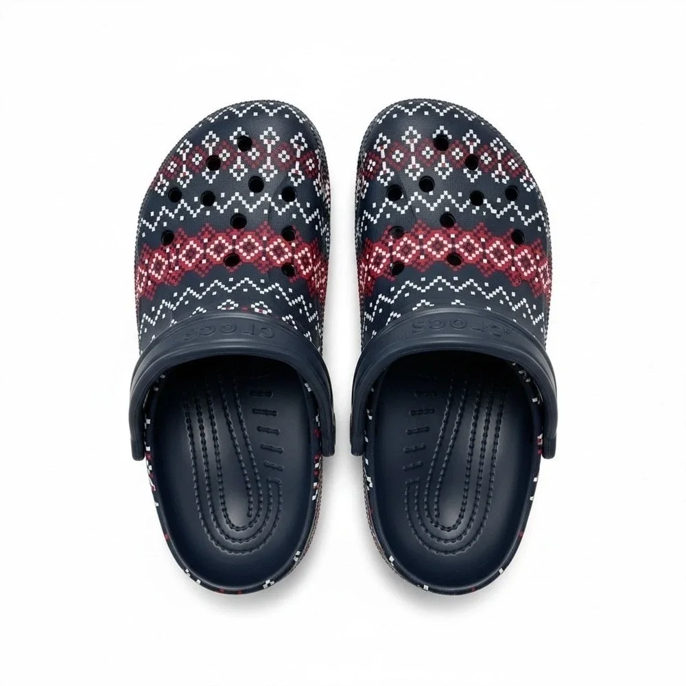 Crocs Baya Holiday Graphic Clog Mens Size 10 Navy Blue Fair‎ Isle Comfy Gift NWT